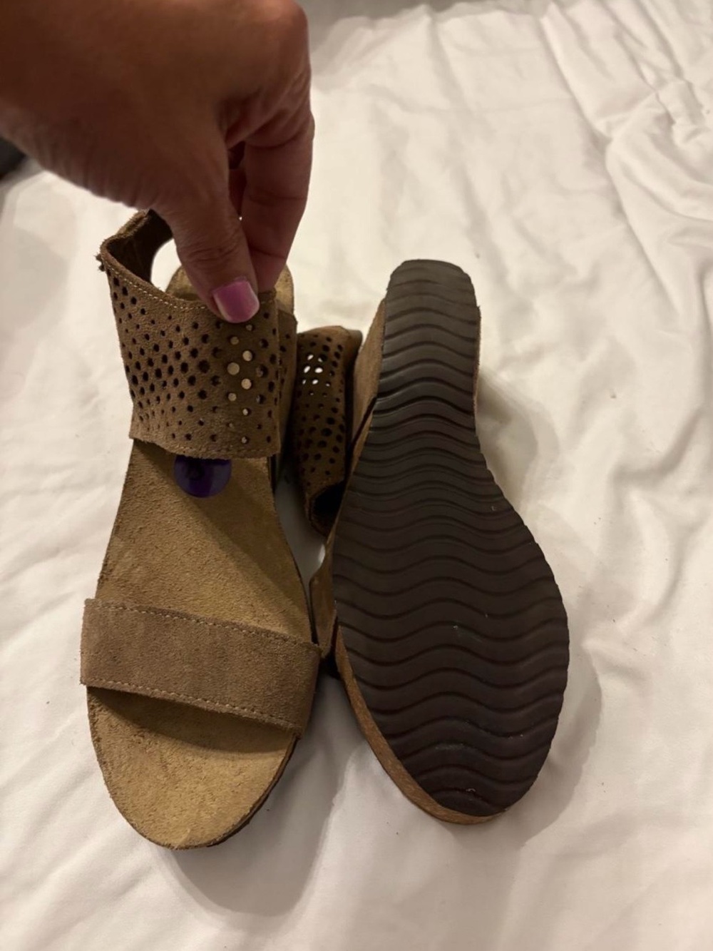 Women’s Tan Suede Perforated Wedge Sandals